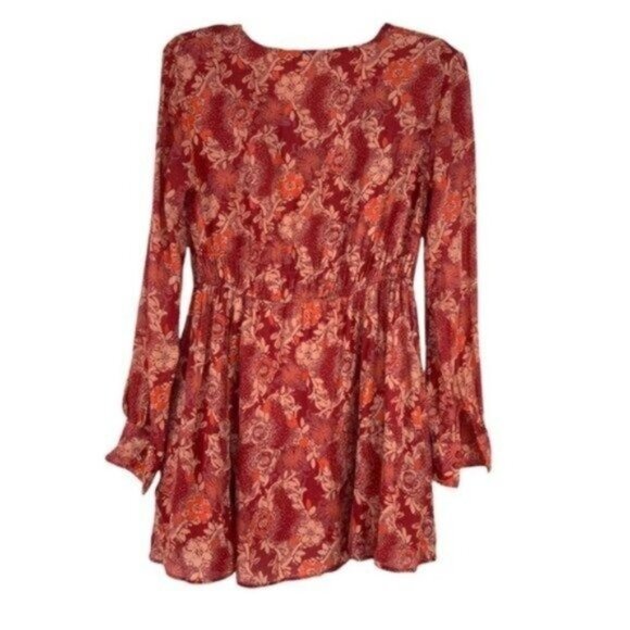 Free People Orange Floral Mini Tunic Dress Long Sleeve Deep VNeck - Picture 8 of 9